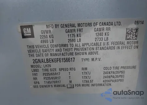 2015 Chevrolet Equinox 1Lt z USA, uszkodzony, nr VIN 2GNALBEK6F6156617